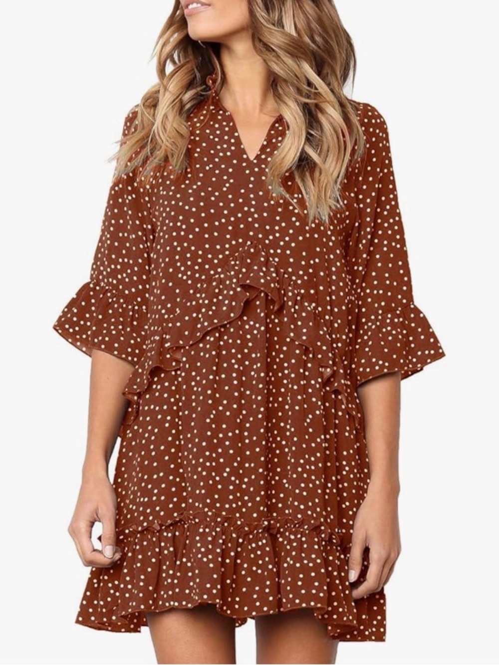 mitilly Amazon Womens Polka Dot Ruffle Mini Dress - Brown XL